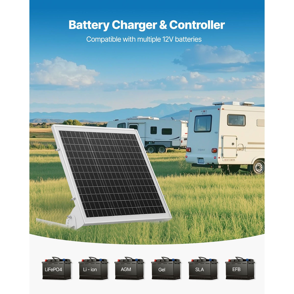 20W 12V Solar Battery Trickle Charger Maintainer, Mono Solar Panel Battery Charger with Built-in MPPT Controller & Adjustable Mount Bracket, IP65 Waterproof for Car Boat RV Trailer House Roof