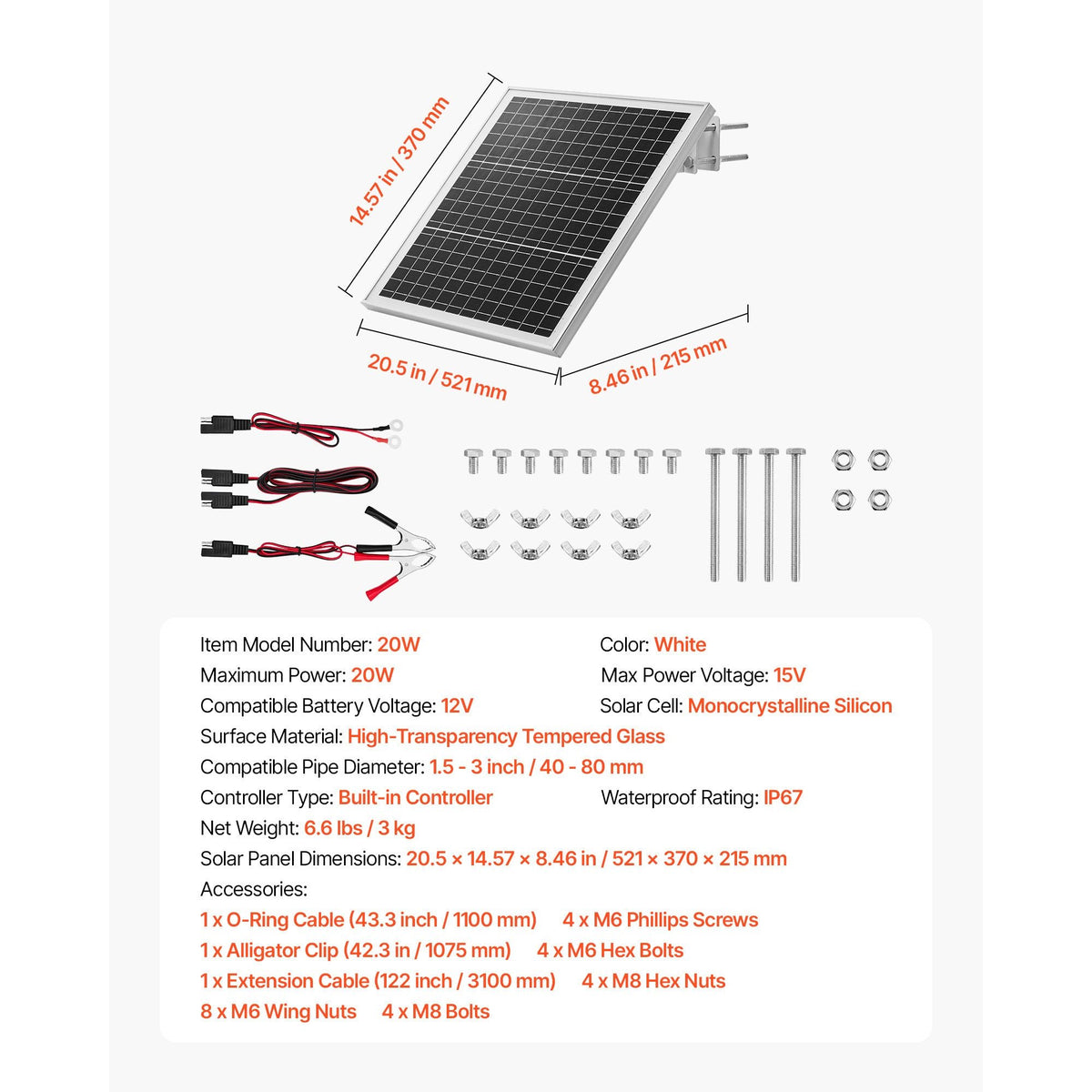20W 12V Solar Panel Battery Charger, Solar Battery Trickle Charger Maintainer with Built-in Controller & 0-60° Adjustable Pole Mount Bracket, IP67 for Gate Fence Farm Lawn (Fit 1.5" - 3" Poles)