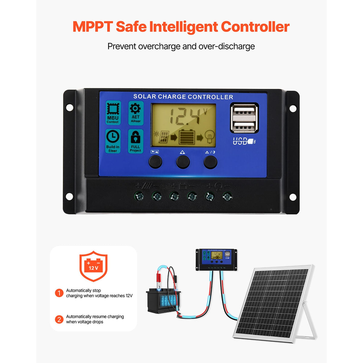 20W 12V Solar Panel Battery Charger, Solar Battery Trickle Charger Maintainer with Intelligent MPPT Controller & Adjustable Mount Bracket, IP67 Waterproof for Car Boat RV Motorcycle Trailer
