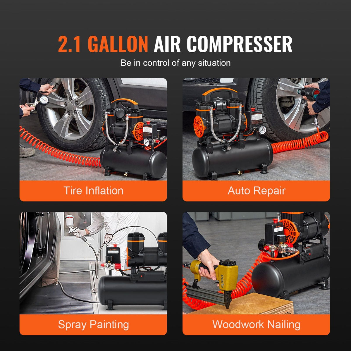 2.1 Gallon Air Compressor, 1.2HP 2.2 CFM@90PSI Air Compressors with Max. 116PSI Pressure, Oil Free Compressor Tank for Auto Repair, Tire Inflation, Spray Painting, Woodwork Nailing