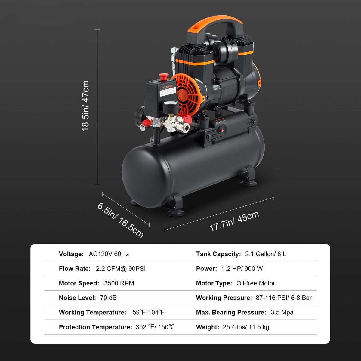 2.1 Gallon Air Compressor, 1.2HP 2.2 CFM@90PSI Air Compressors with Max. 116PSI Pressure, Oil Free Compressor Tank for Auto Repair, Tire Inflation, Spray Painting, Woodwork Nailing