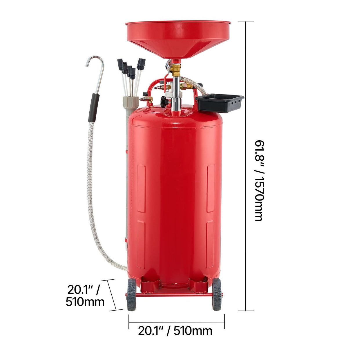 21 Gallon Waste Oil Drain Tank, Air Operated Portable Oil Drainer with Adjustable Funnel Height, Industrial Fluid Drain Tank with Wheels, Fluid Fuel Transfer Drainage for Auto Repair Shops, Red
