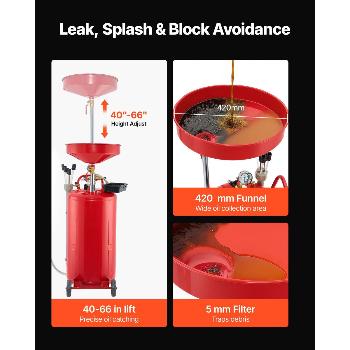 21 Gallon Waste Oil Drain Tank, Air Operated Portable Oil Drainer with Adjustable Funnel Height, Industrial Fluid Drain Tank with Wheels, Fluid Fuel Transfer Drainage for Auto Repair Shops, Red