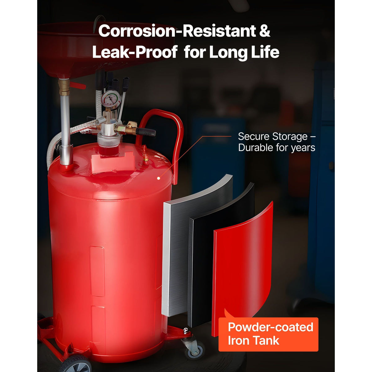 21 Gallon Waste Oil Drain Tank, Air Operated Portable Oil Drainer with Adjustable Funnel Height, Industrial Fluid Drain Tank with Wheels, Fluid Fuel Transfer Drainage for Auto Repair Shops, Red