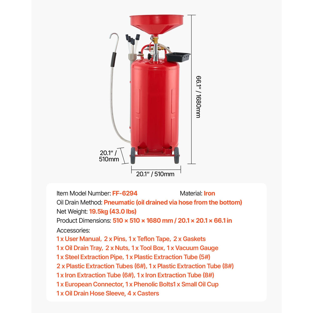 21 Gallon Waste Oil Drain Tank, Air Operated Portable Oil Drainer with Adjustable Funnel Height, Industrial Fluid Drain Tank with Wheels, Fluid Fuel Transfer Drainage for Auto Repair Shops, Red