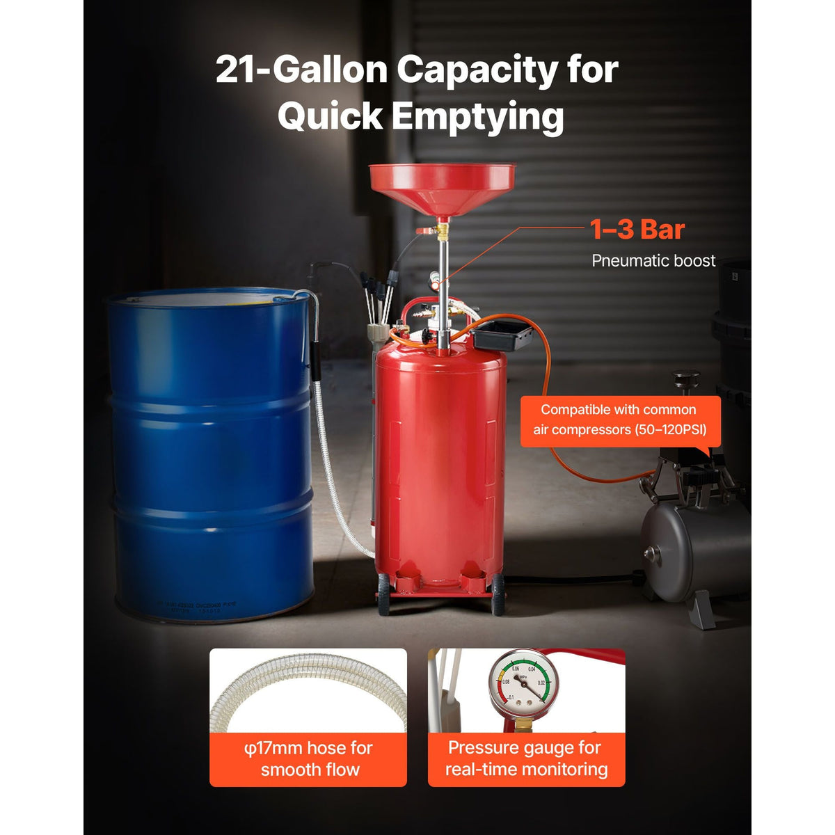 21 Gallon Waste Oil Drain Tank, Air Operated Portable Oil Drainer with Adjustable Funnel Height, Industrial Fluid Drain Tank with Wheels, Fluid Fuel Transfer Drainage for Auto Repair Shops, Red