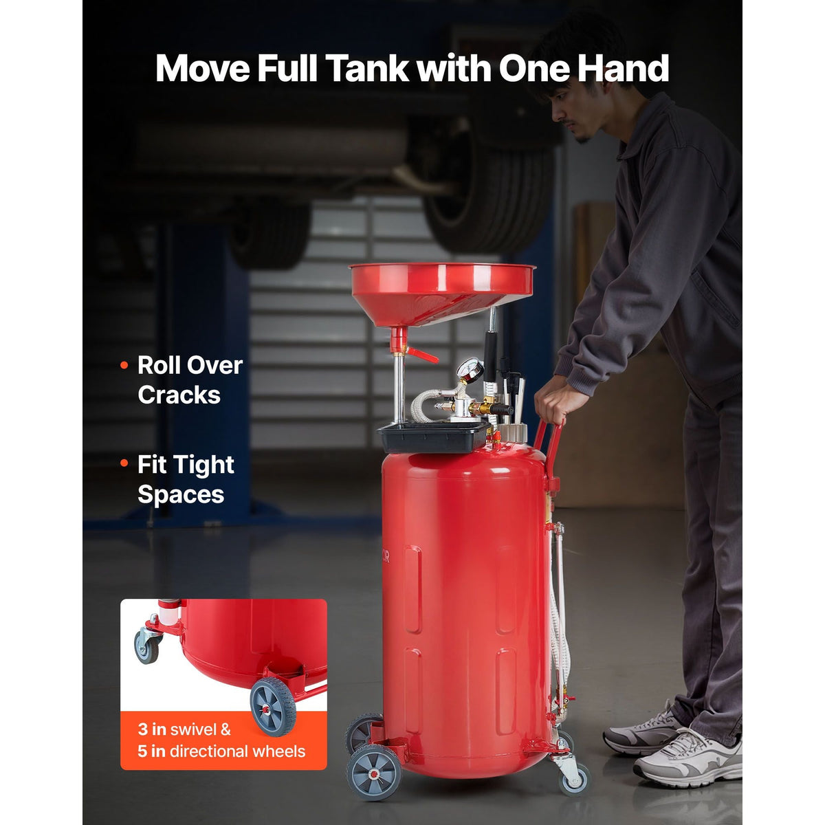 21 Gallon Waste Oil Drain Tank, Air Operated Portable Oil Drainer with Adjustable Funnel Height, Industrial Fluid Drain Tank with Wheels, Fluid Fuel Transfer Drainage for Auto Repair Shops, Red