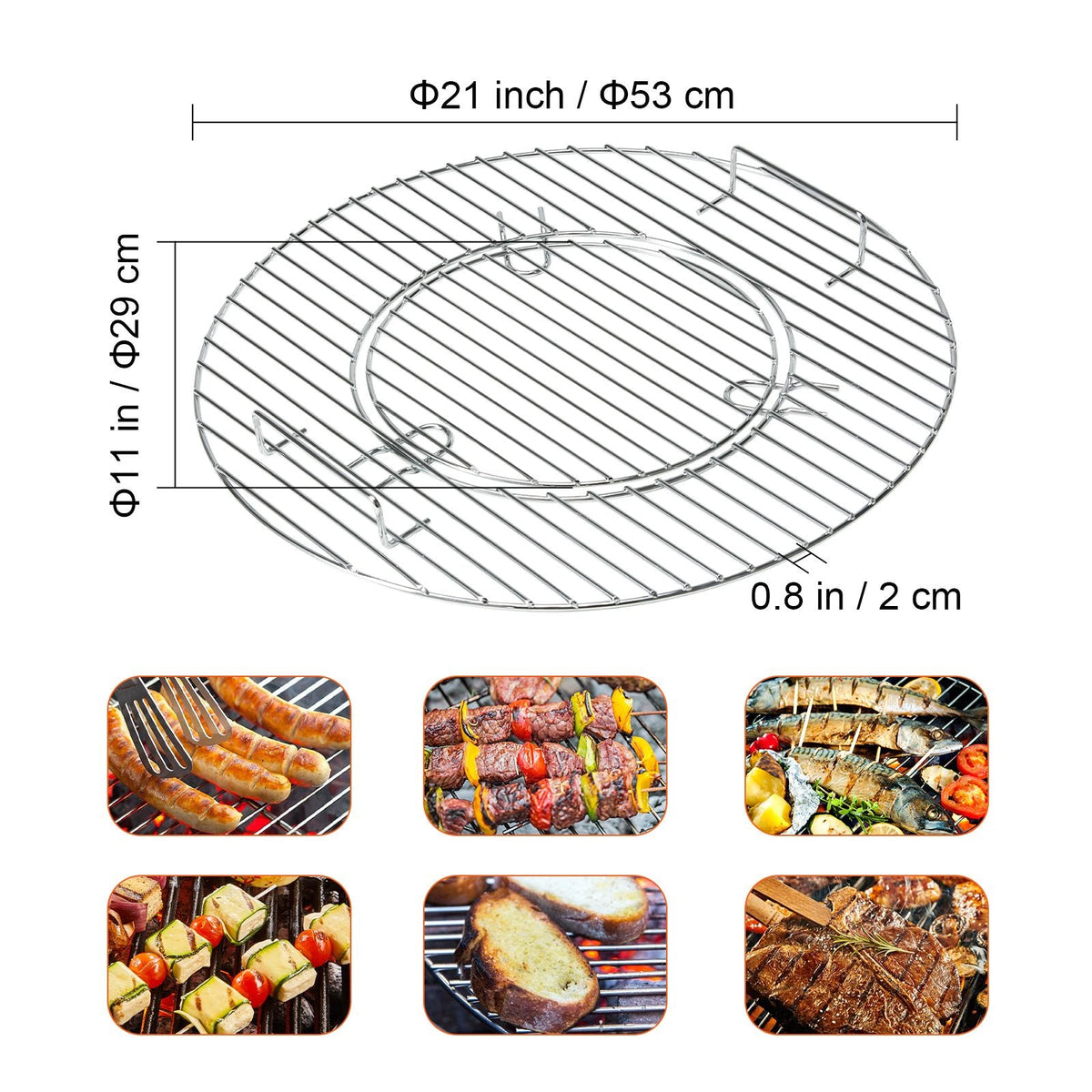 21 Inch Cooking Grate for 21 inch Kettle Grill, Round Replacement Charcoal Grates, Iron Gas Grill Replacement Parts for Outdoor Cooking, Barbecue Camping, Picnic, Patio and Backyard, Silver