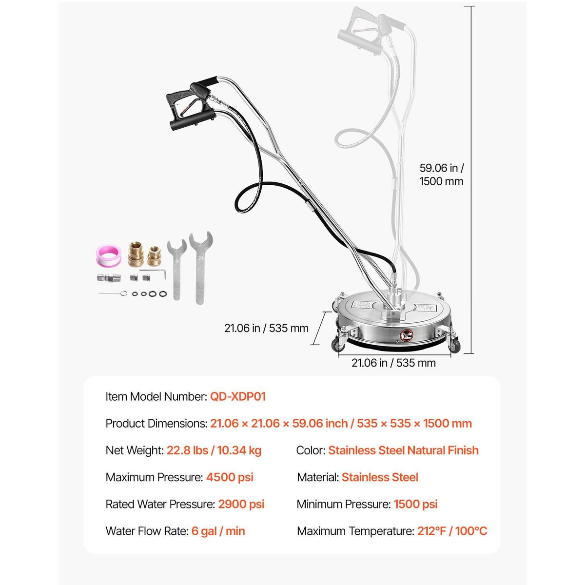 21" Pressure Washer Surface Cleaner, Stainless Steel Pressure Washer Attachments with 4 Wheels, 4500 Max PSI, 3/8 Quick Connector, 2 Spray Nozzles, Dual Handle, for Concrete, Patio, Sidewalk