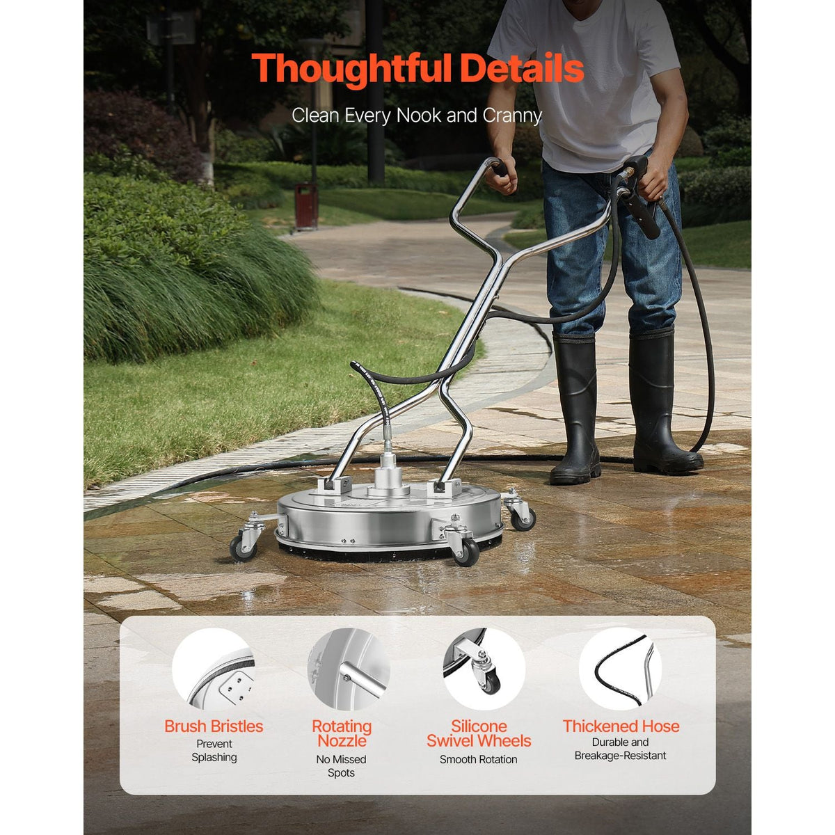 21" Pressure Washer Surface Cleaner, Stainless Steel Pressure Washer Attachments with 4 Wheels, 4500 Max PSI, 3/8 Quick Connector, 2 Spray Nozzles, Dual Handle, for Concrete, Patio, Sidewalk