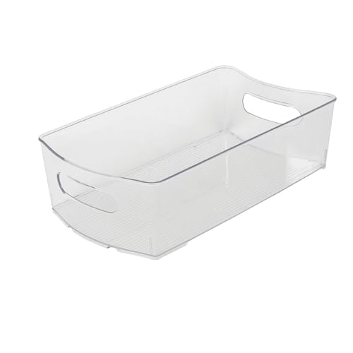 Wardrobe and laundry storage box with removable dividers, 14.5 inches long x 8 inches wide, transparent.