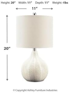 Signature Design by Ashley Rainermen Casual Ceramic Table Lamp, Transparent White Glaze Finish, Drum Hardback Fabric Shade, 11" W x 11" D x 21" H, Off White