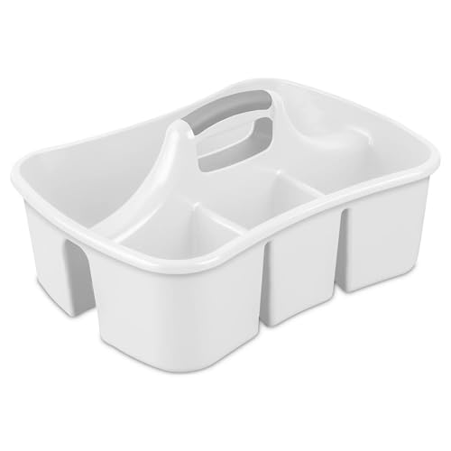 Large Plastic Utility Caddy with 4 Compartments – Heavy-Duty Storage Organizer for Cleaning Supplies, Sponges & Spray Bottles – Easy-Carry Handle (White)