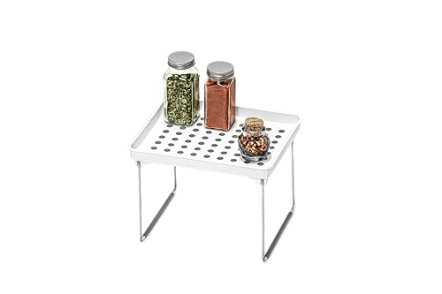 madesmart Small Stacking Shelf, Organizer for Spices, Make-Up, Bottles & Jars, Collapsible Legs for Cabinet or Counter Storage, White
