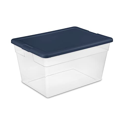 Sterilite Storage Box, Clear Plastic Stackable Bin, Tote with Lid, 56 Quart, Marine Blue