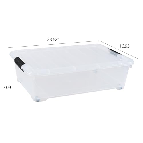 4-Pack 25 Quart Large Plastic Underbed Clothes Storage Containers Bins, Wheeled Latching Box with Lids for Closet Organizers Shoes Underbed, Clear - size: 25 Quart