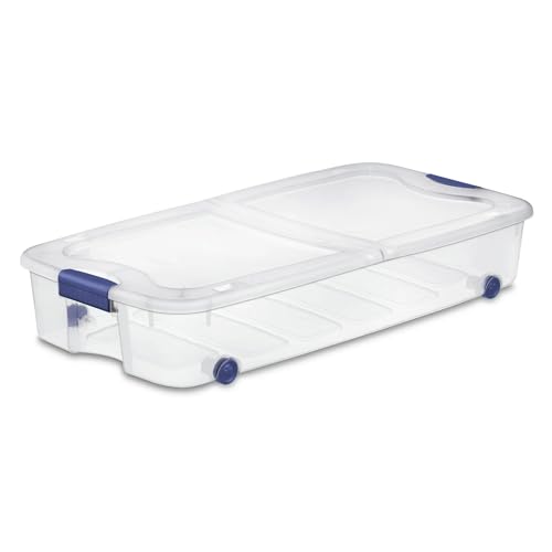 Blue Large Storage Bin, 66 Quart Clear Underbed Storage Container with Latch Lid and Wheels