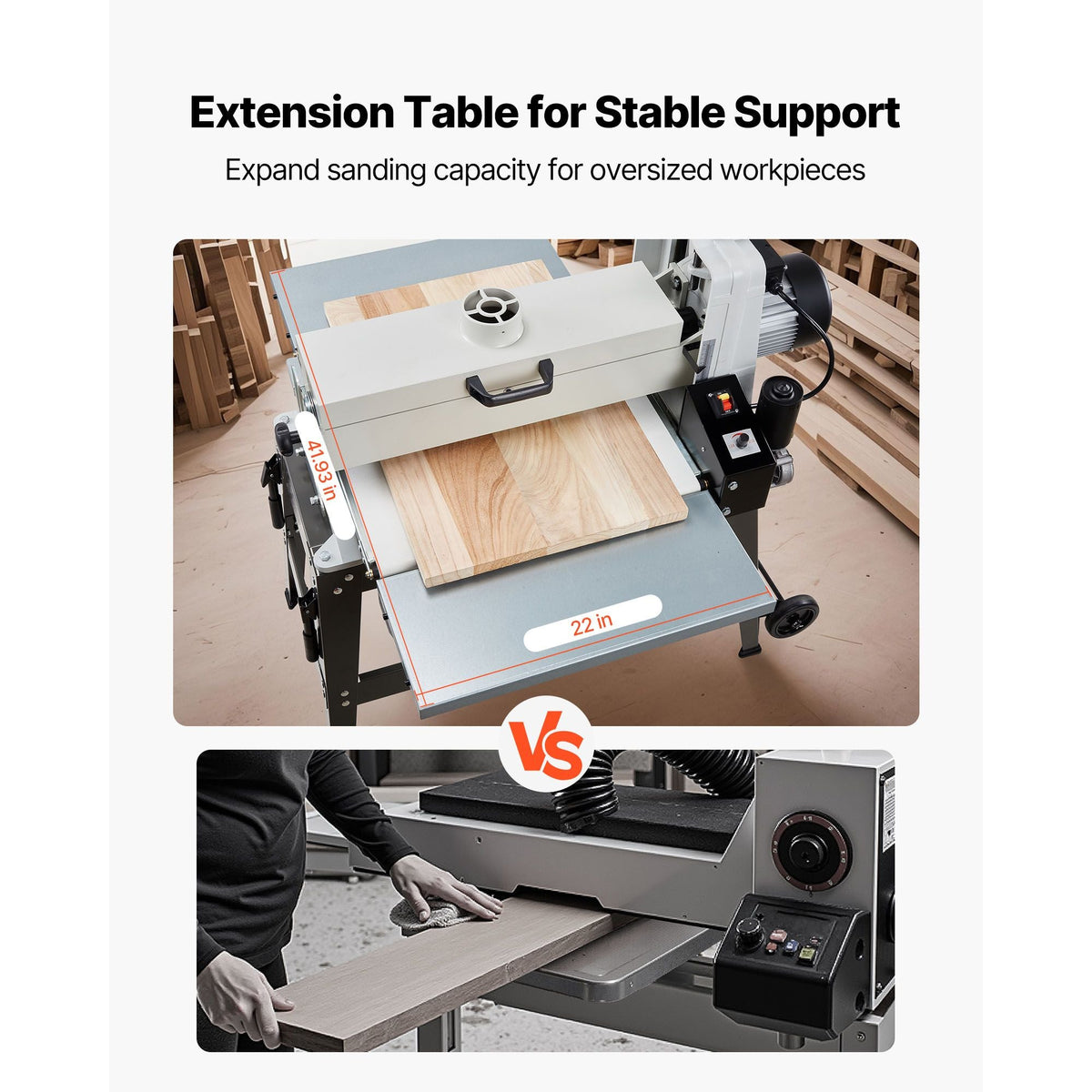 22" Drum Sander with Stand & Extension Tables, 1.75HP 1440RPM Dual Motor Drum Sander for Woodworking - Variable Speed Conveyor Belt, 4" Dust Collection Port for Cabinet & Furniture Finishing
