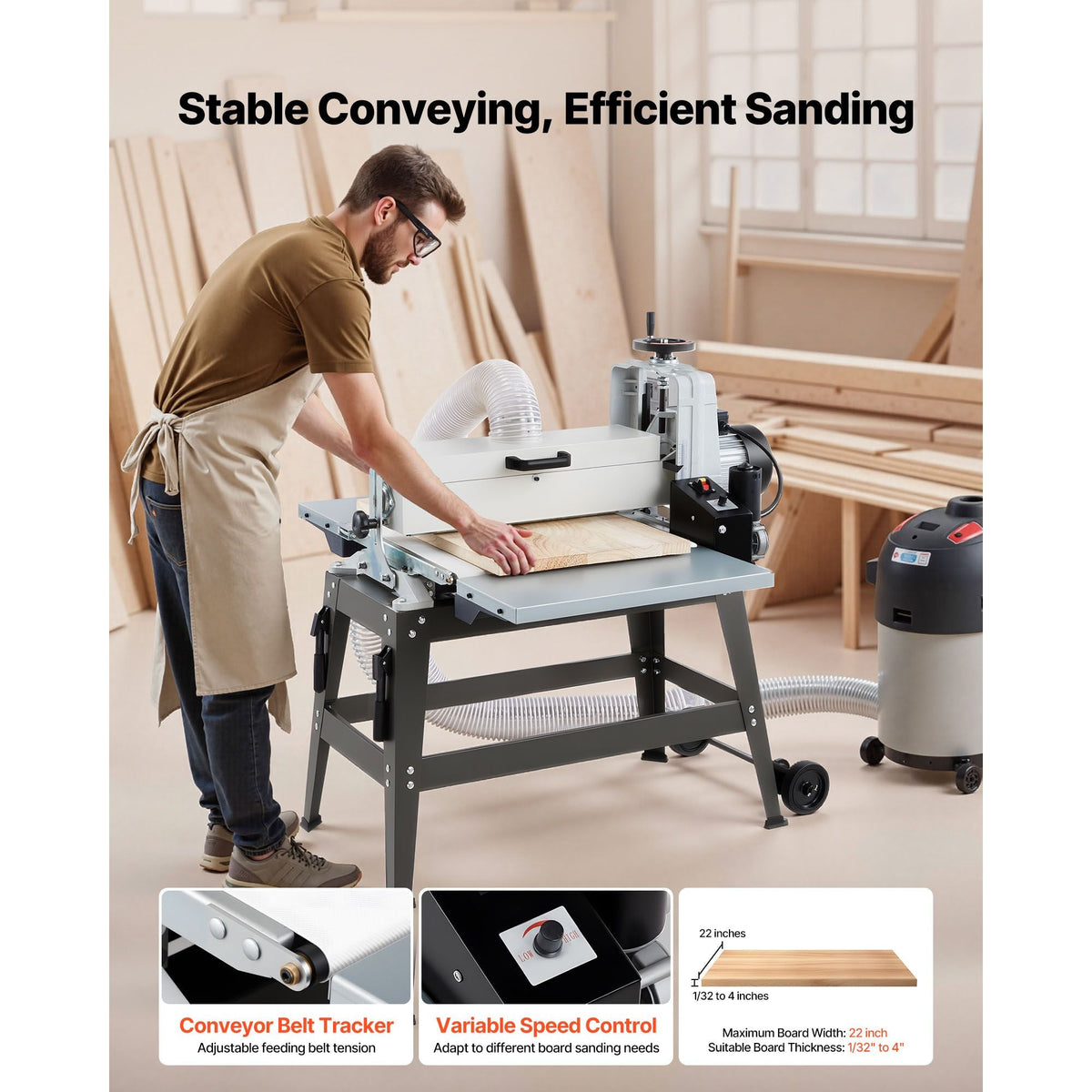 22" Drum Sander with Stand & Extension Tables, 1.75HP 1440RPM Dual Motor Drum Sander for Woodworking - Variable Speed Conveyor Belt, 4" Dust Collection Port for Cabinet & Furniture Finishing