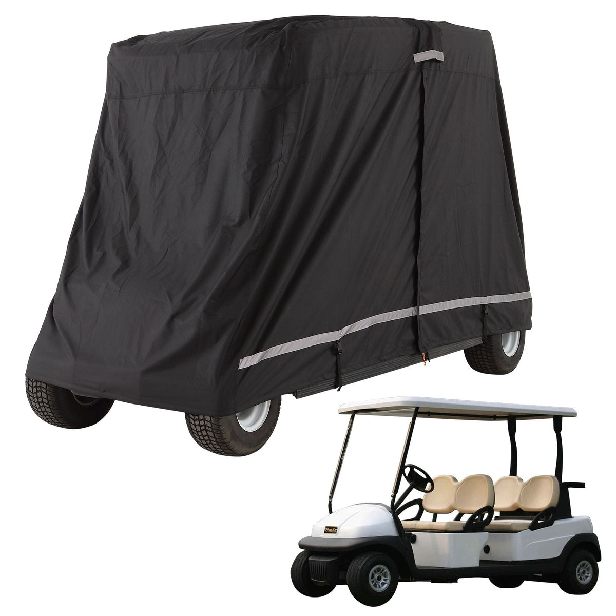 2+2 Passenger Golf Cart Cover, 600D Polyester Full Cover, Suitable for 2+2 Golf Carts, Waterproof, Sunproof, and Dustproof Outdoor Golf Cart Cover with Three Zipper Doors, Black