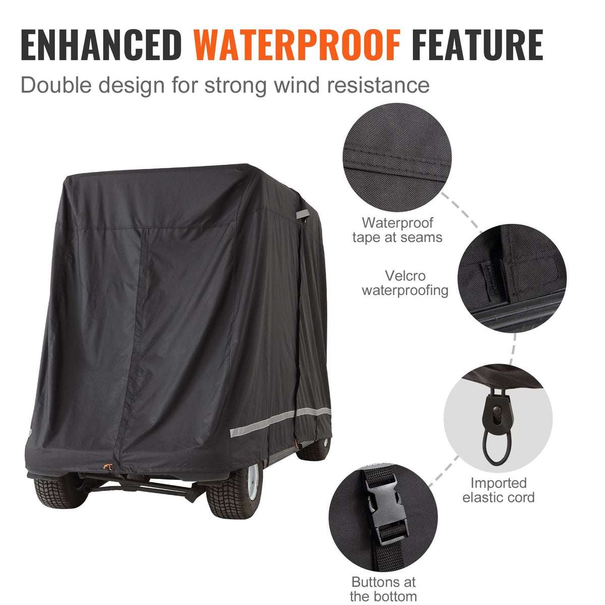 2+2 Passenger Golf Cart Cover, 600D Polyester Full Cover, Suitable for 2+2 Golf Carts, Waterproof, Sunproof, and Dustproof Outdoor Golf Cart Cover with Three Zipper Doors, Black
