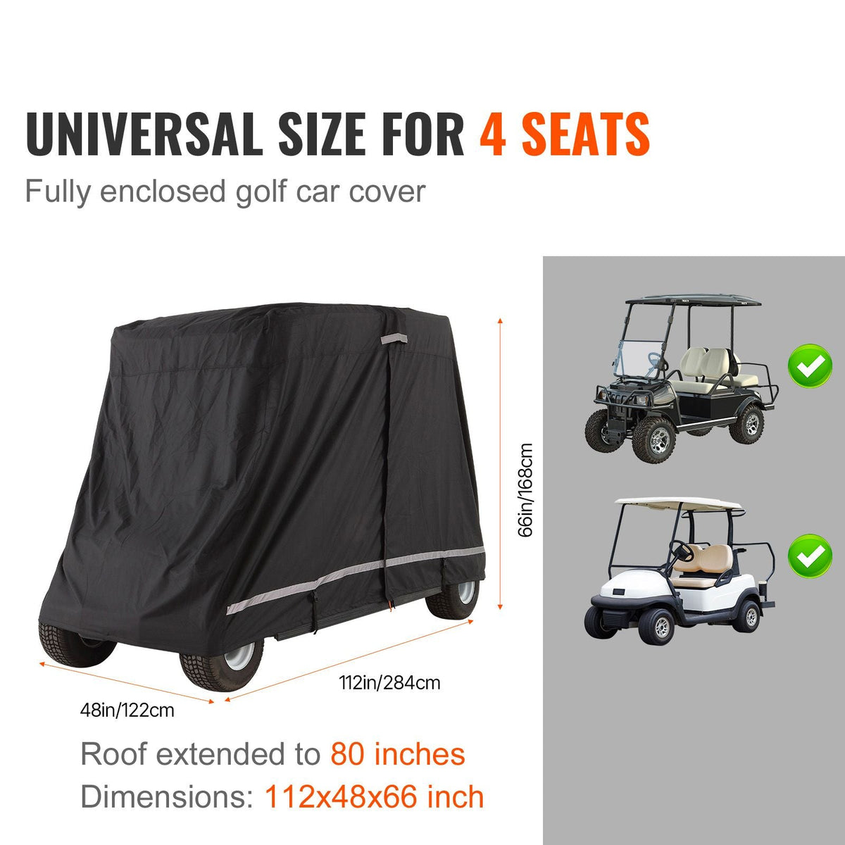 2+2 Passenger Golf Cart Cover, 600D Polyester Full Cover, Suitable for 2+2 Golf Carts, Waterproof, Sunproof, and Dustproof Outdoor Golf Cart Cover with Three Zipper Doors, Black