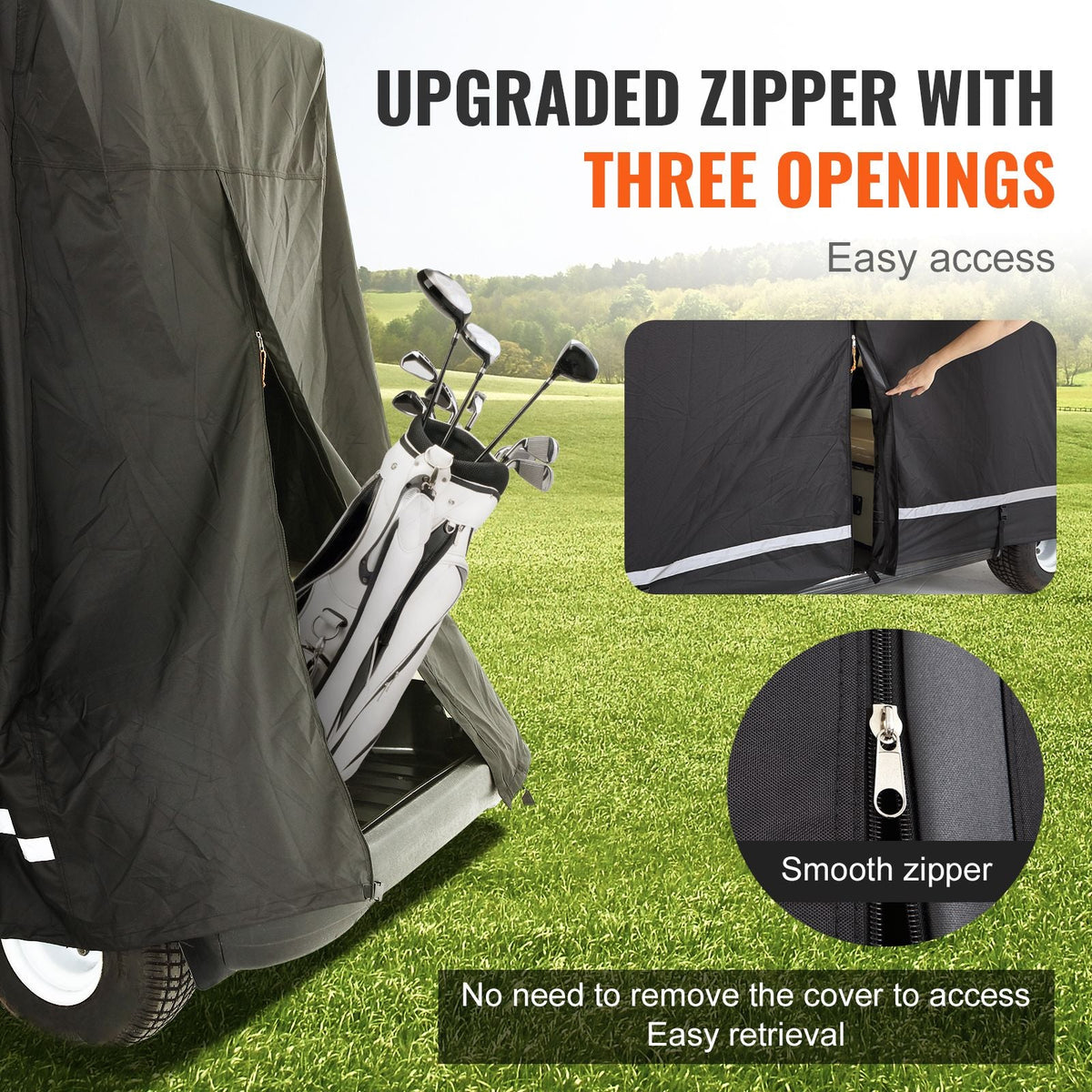 2+2 Passenger Golf Cart Cover, 600D Polyester Full Cover, Suitable for 2+2 Golf Carts, Waterproof, Sunproof, and Dustproof Outdoor Golf Cart Cover with Three Zipper Doors, Black