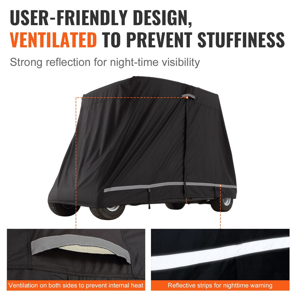 2+2 Passenger Golf Cart Cover, 600D Polyester Full Cover, Suitable for 2+2 Golf Carts, Waterproof, Sunproof, and Dustproof Outdoor Golf Cart Cover with Three Zipper Doors, Black