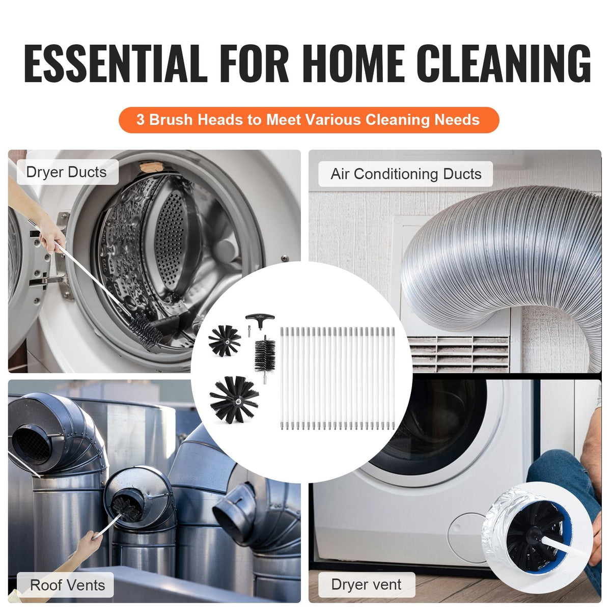 22 Pieces 30 FEET Dryer Vent Cleaner Kit, Include 3 Different Sizes Flexible Lint Trap Brush, Reinforced Nylon Duct Cleaning Dryer Vent Brush, Dryer Cleaning Kit with Clamp Connectors