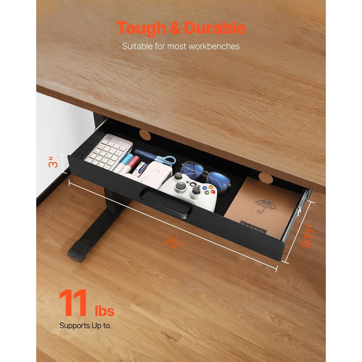 22" Wide Under Desk Drawer Slide Out, Under Desk Mounted Pull-out Drawer Attachment, Hidden Desktop Storage Organizer, Under Table Pencil Drawer for office Home Sit Stand Workstation, 25x9x3 in