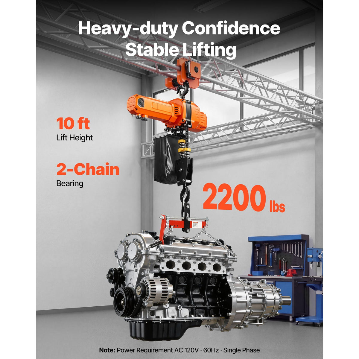 2200 lbs Electric Chain Hoist, 10 ft Lifting Height, 120V Single Phase Overhead Crane with 328 ft Wireless & 8 ft Wired Remote Control, Power Electric Hoist for Factories, Warehouses, Garages