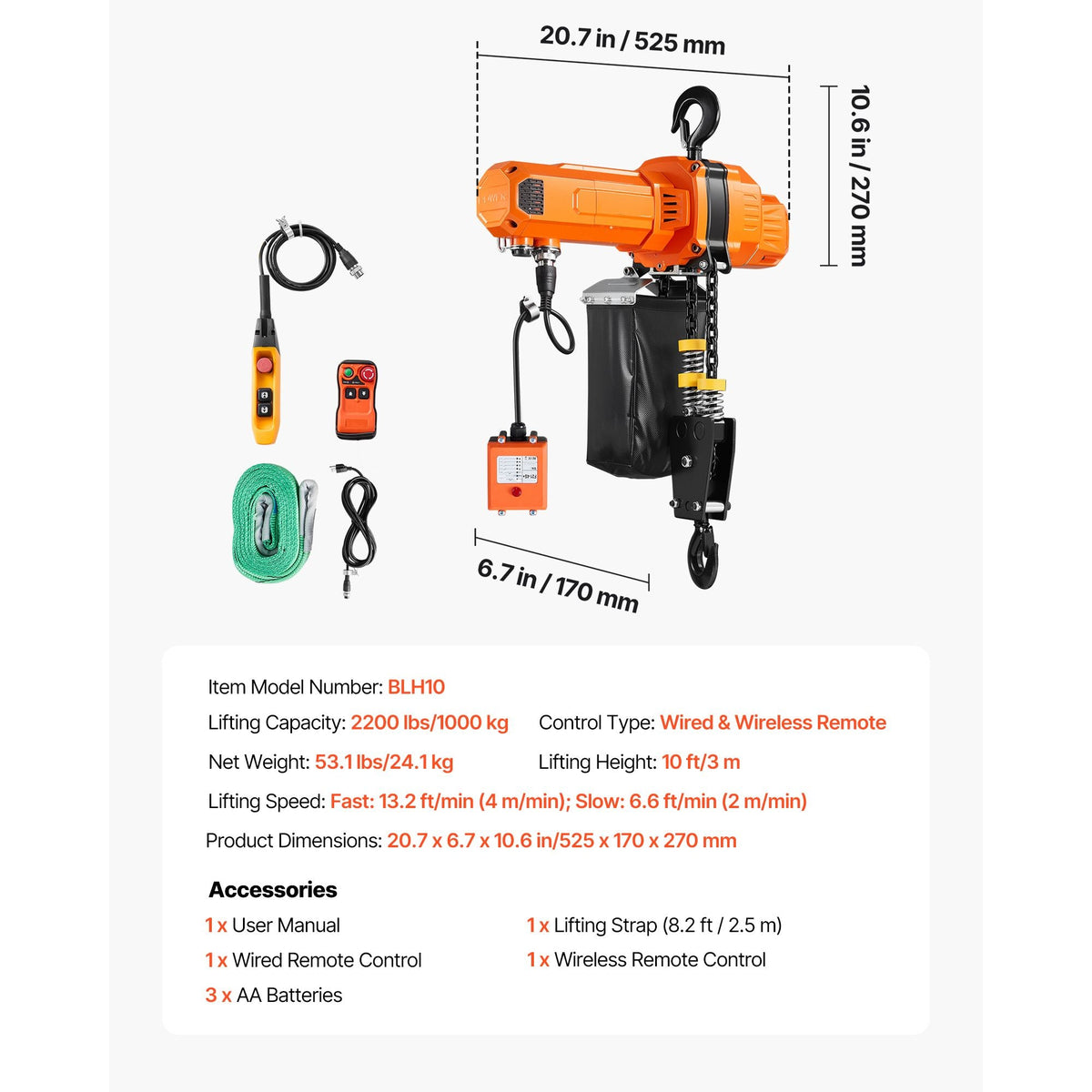 2200 lbs Electric Chain Hoist, 10 ft Lifting Height, 120V Single Phase Overhead Crane with 328 ft Wireless & 8 ft Wired Remote Control, Power Electric Hoist for Factories, Warehouses, Garages