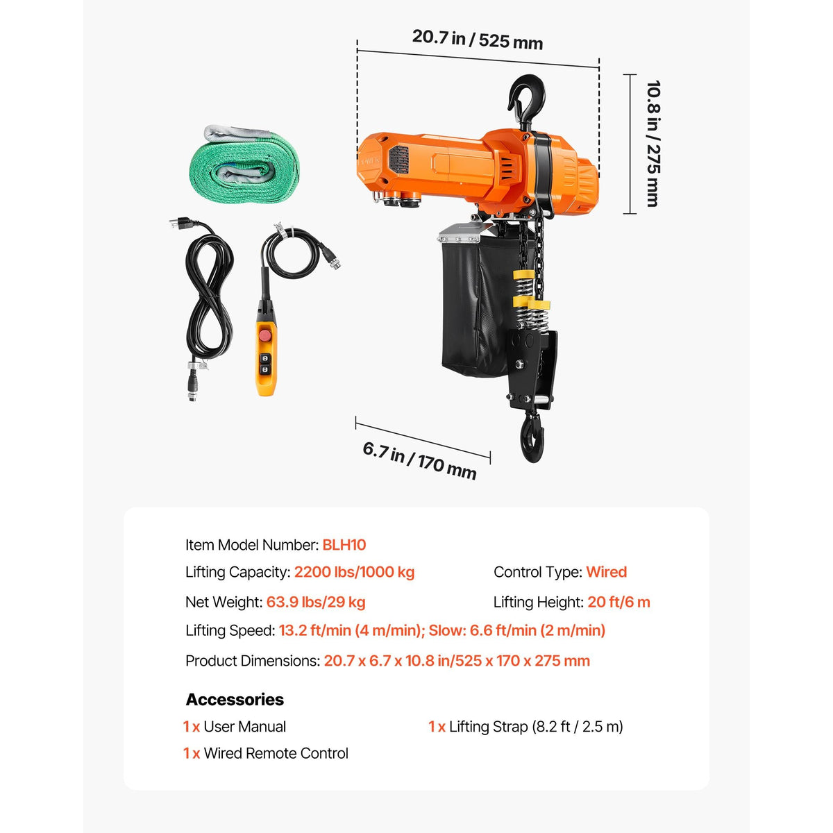 2200 lbs Electric Chain Hoist, 20 ft Lifting Height, 120V Single Phase Overhead Crane with 15 ft Wired Remote Control, G100 Chain Electric Lift Hoist for Factories, Warehouses, Garages