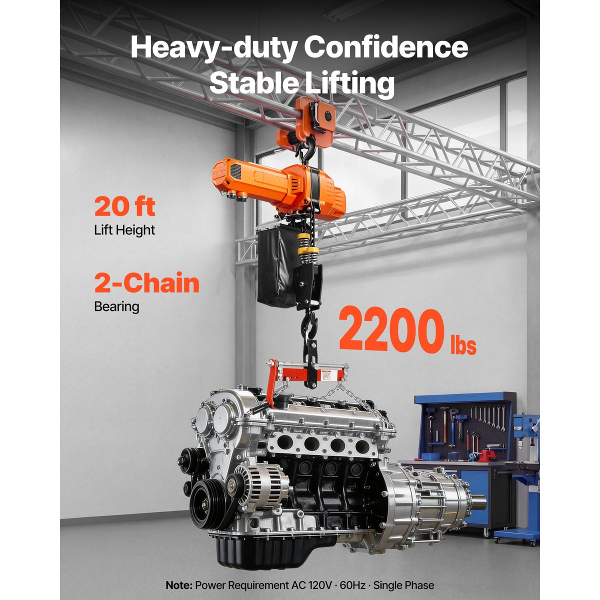 2200 lbs Electric Chain Hoist, 20 ft Lifting Height, 120V Single Phase Overhead Crane with 15 ft Wired Remote Control, G100 Chain Electric Lift Hoist for Factories, Warehouses, Garages