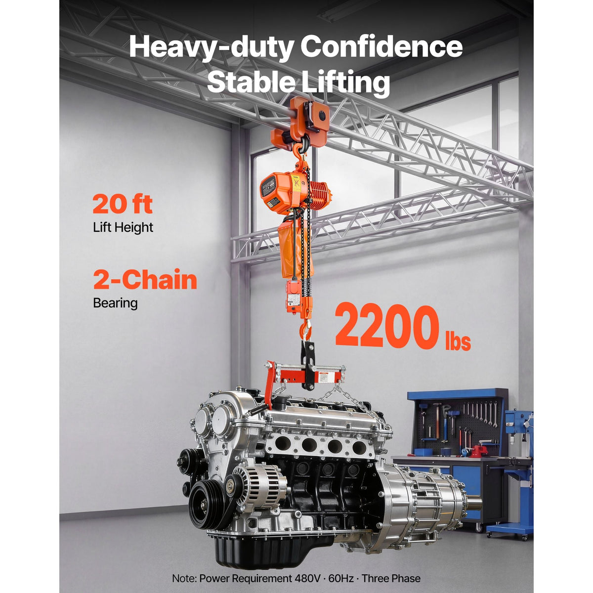 2200 lbs Electric Chain Hoist, 20 ft Lifting Height, Three-Phase Overhead Crane with 328 ft Wireless & 15 ft Wired Remote Control, Double G80 Chain Hoist for Factories, Warehouses, Garages
