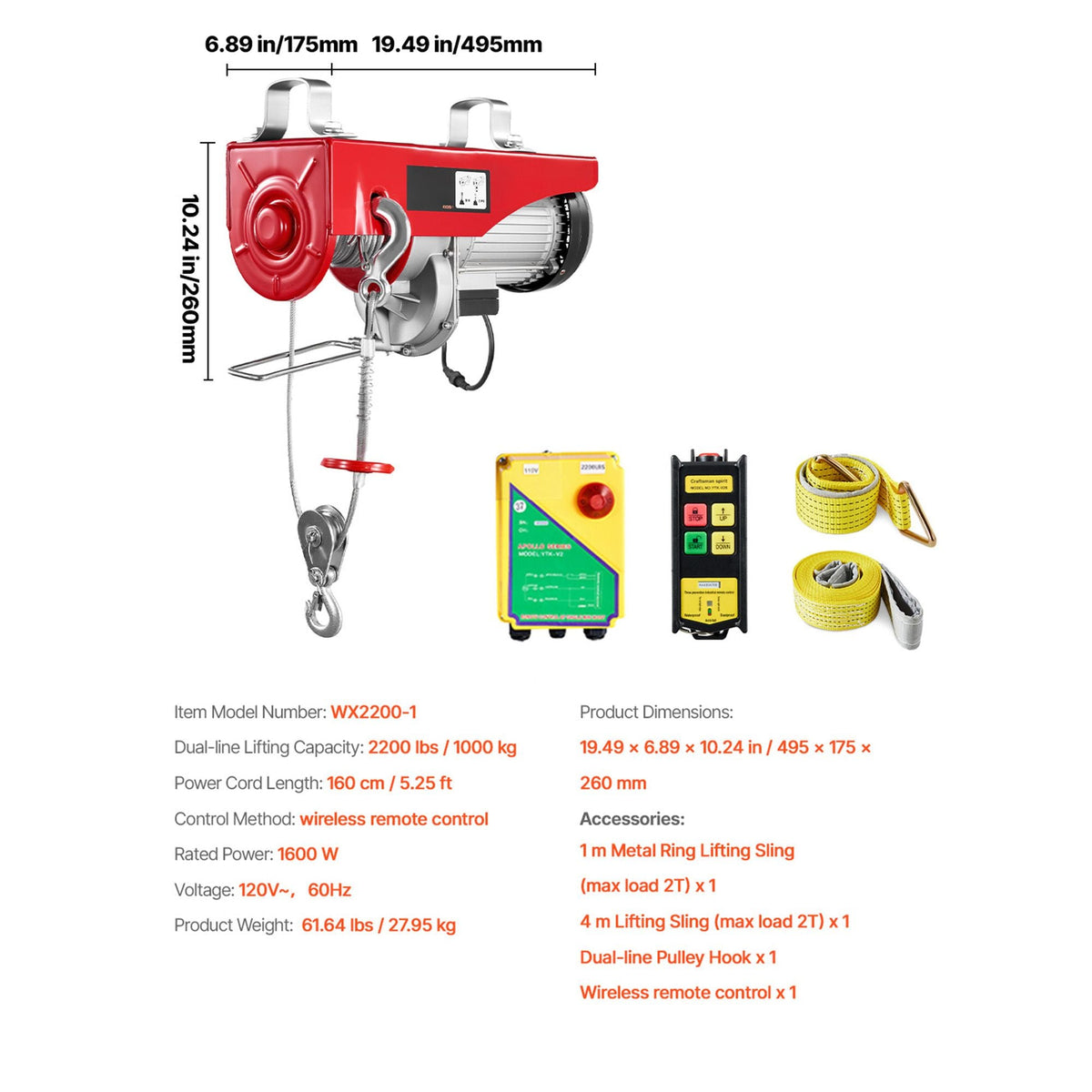 2200 lbs Wireless Attic Lift, 1600W 110V Electric Hoist with Wireless Remote Control, 40ft Single Cable Lifting Height & Pure Copper Motor, for Garage Warehouse Factory