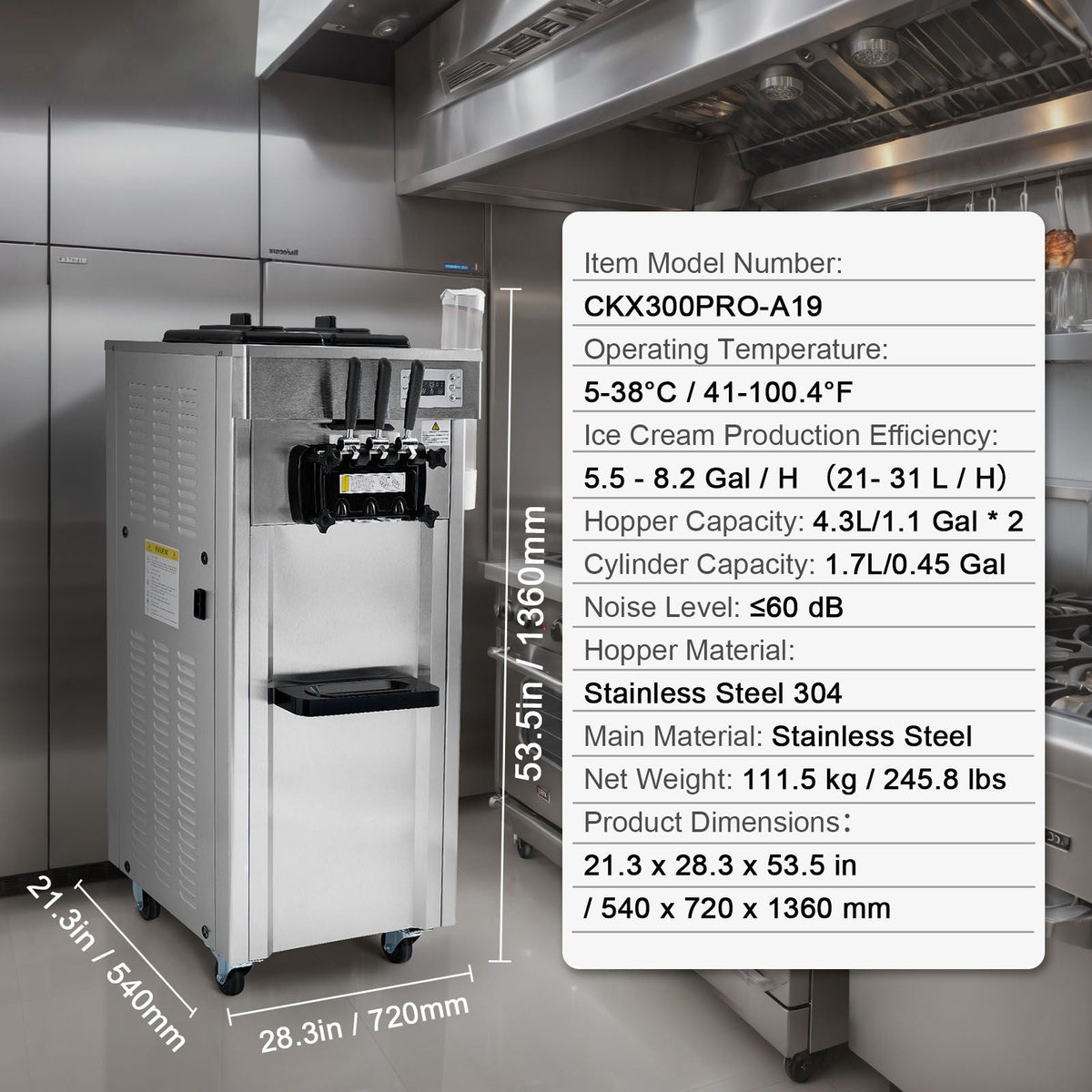 2200W Commercial Soft Ice Cream Machine 3 Flavors 5.3 to 7.4Gallon per Hour PreCooling at Night Auto Clean LCDPanel for Restaurants Snack Bar, Sliver