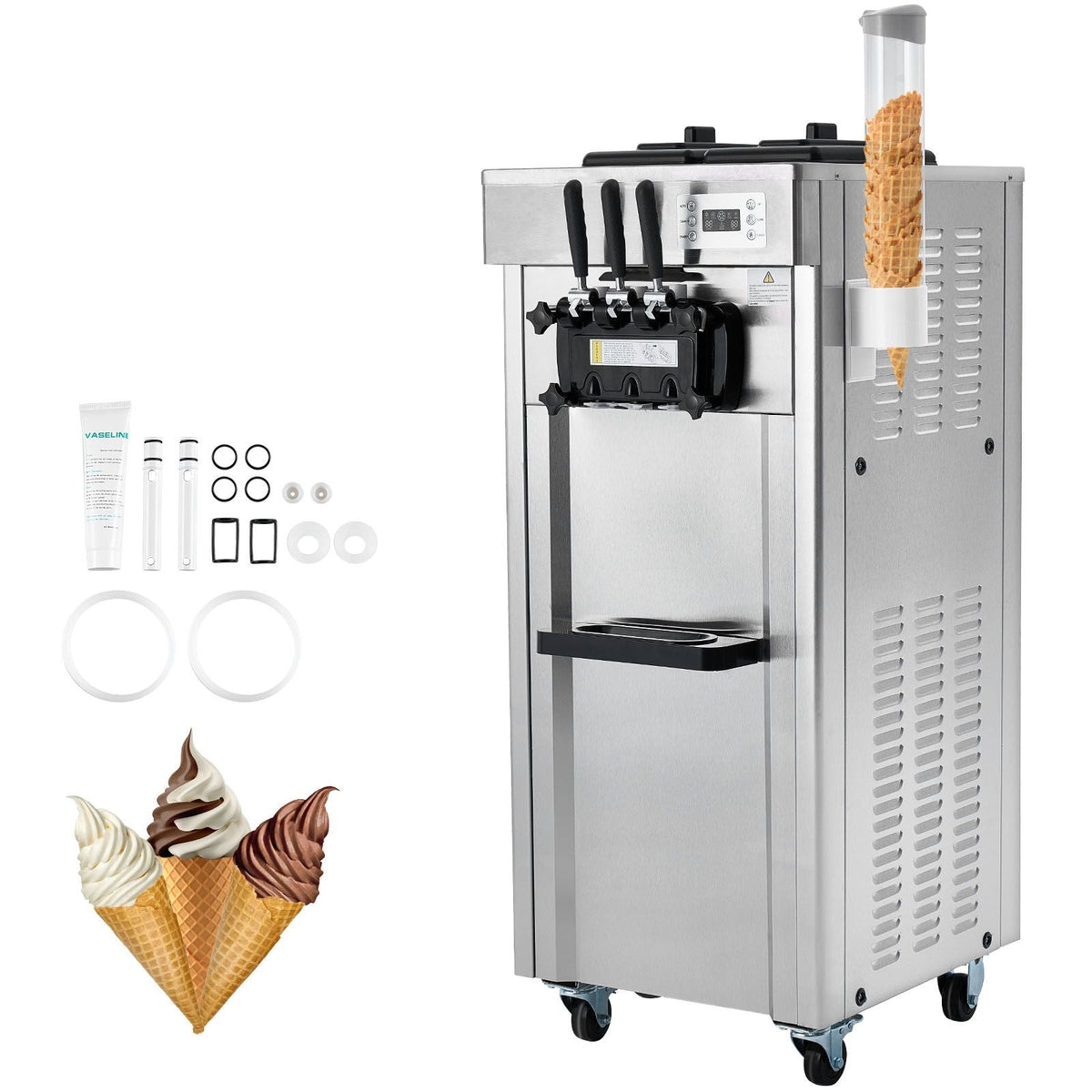 2200W Commercial Soft Ice Cream Machine 3 Flavors 5.3 to 7.4Gallon per Hour PreCooling at Night Auto Clean LCDPanel for Restaurants Snack Bar, Sliver