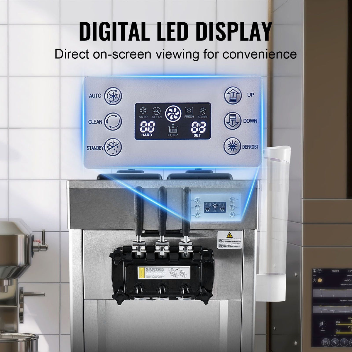 2200W Commercial Soft Ice Cream Machine 3 Flavors 5.3 to 7.4Gallon per Hour PreCooling at Night Auto Clean LCDPanel for Restaurants Snack Bar, Sliver