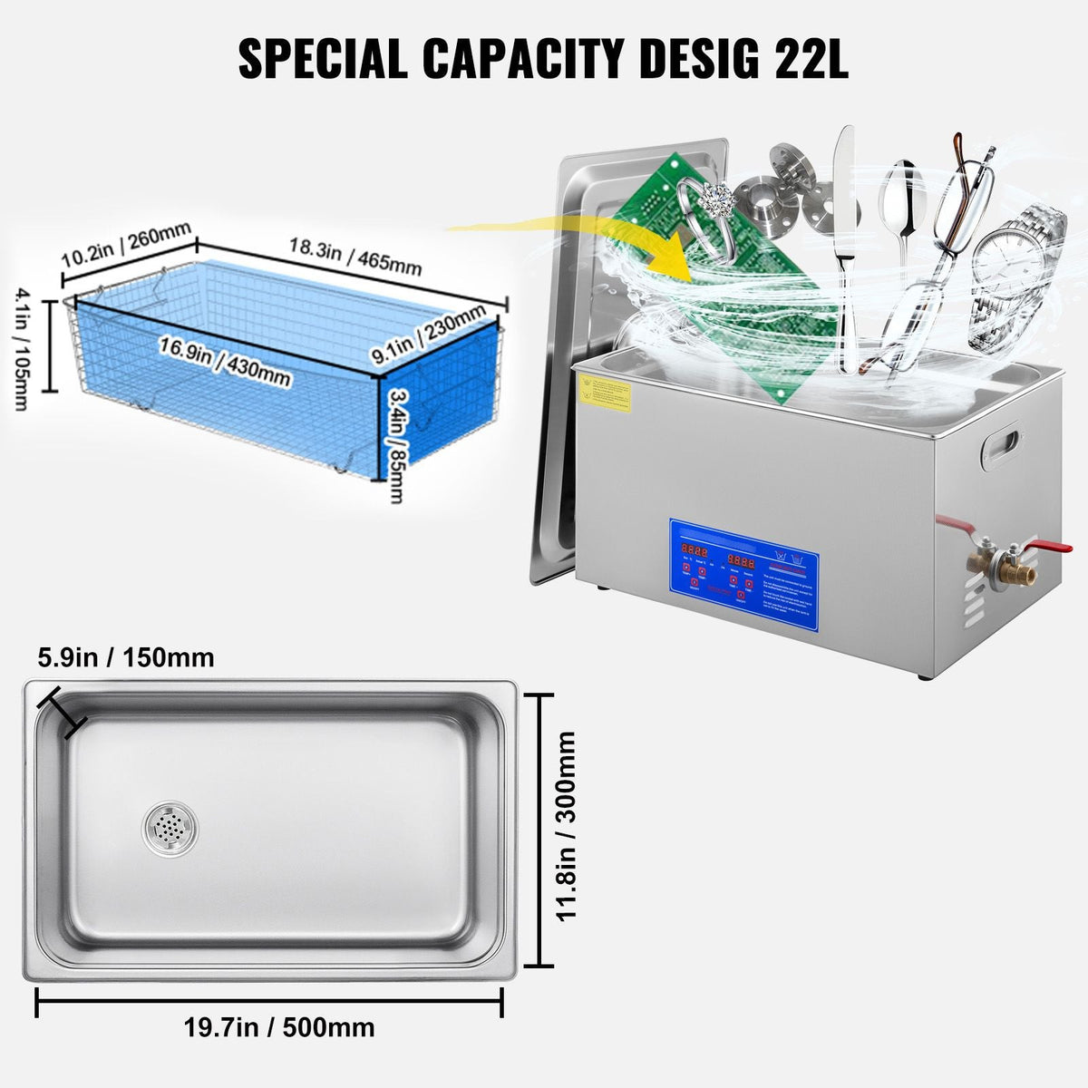 22L Industrial Ultrasonic Cleaner with Digital Timer&Heater 40kHz Professional Ultrasonic Cleaner 110V with Excellent Cleaning Effect for Wrench Tools Industrial Parts Mental Apparatus