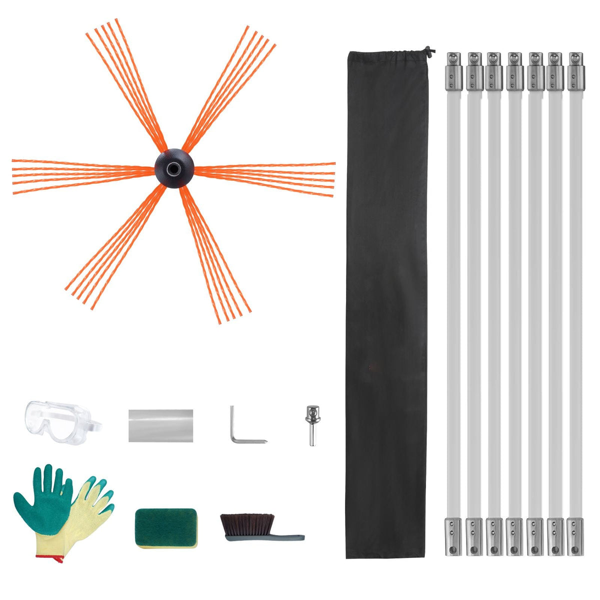 23 Feet Chimney Sweep Kit, w/ 7 Reinforced Nylon Flexible Rods, Ergonomic Chimney Cleaning Brush, 360-Degree Brush Chimney Cleaner, Rich Accessories for Fireplace Flue Home Use Fits most Pipes