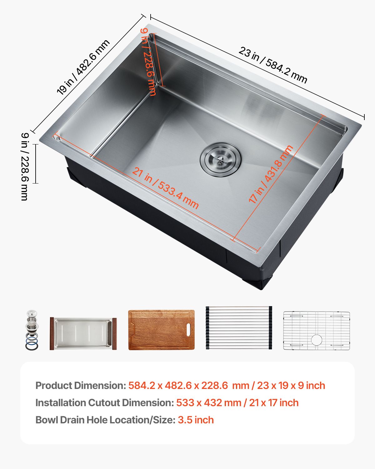 23 inch Kitchen Sink Workstation, 304 Stainless Steel Undermount Sink, Drop-In Single Bowl Farmhouse Basin with Ledge & Multiple Accessories, Household Dishwasher Sinks for RV, Prep Kitchen, Bar