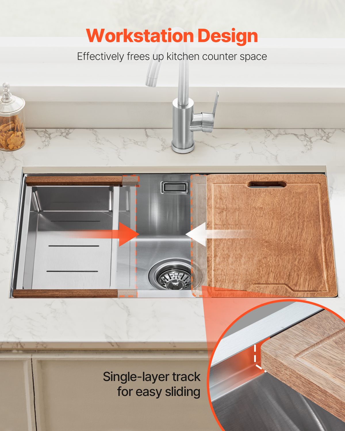 23 inch Kitchen Sink Workstation, 304 Stainless Steel Undermount Sink, Drop-In Single Bowl Farmhouse Basin with Ledge & Multiple Accessories, Household Dishwasher Sinks for RV, Prep Kitchen, Bar