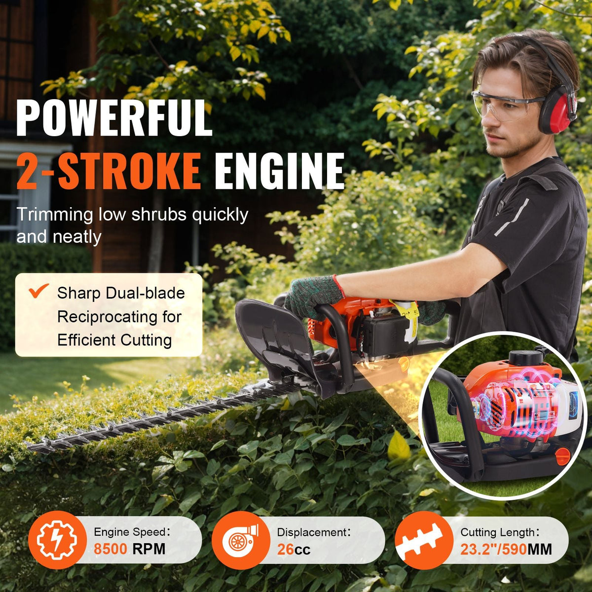 23.2-inch 26CC 2 Cycle Gas Hedge Trimmer, Gas Powered Handheld Hedge Trimmer with Dual Sided Dual Action Blade, 180° Adjustable Trimmer Head, Suitable for Trimming Shrubs, Low Bushes