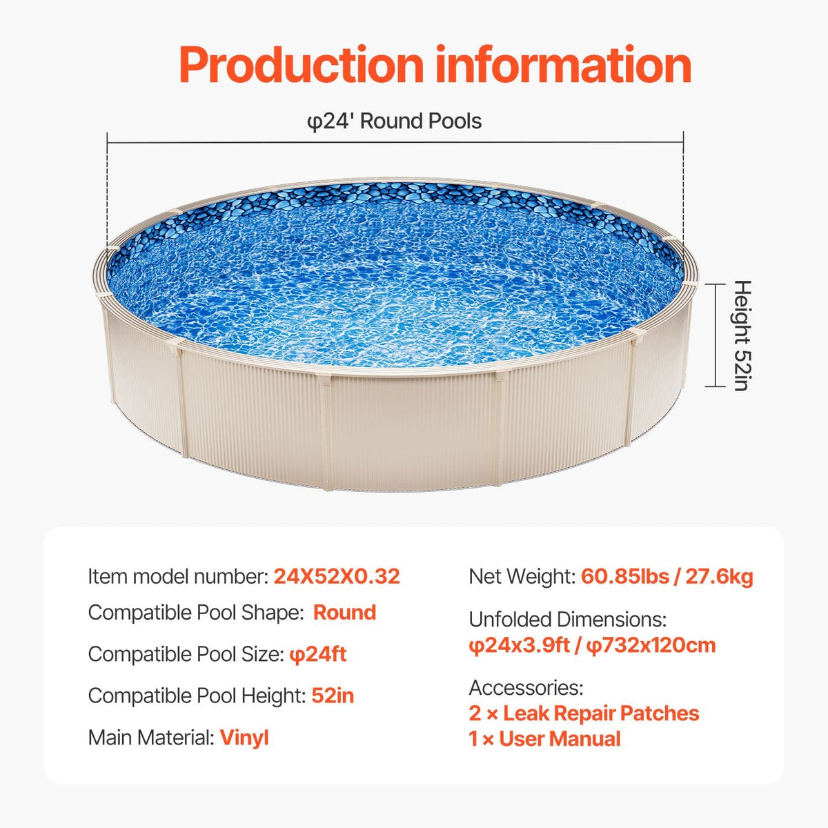 24-ft Round Above Ground Pool Liner, Unibead Pool Liners, Standard Gauge, 52inch Wall Height, Designed for Steel Sided Above-Ground Swimming Pools