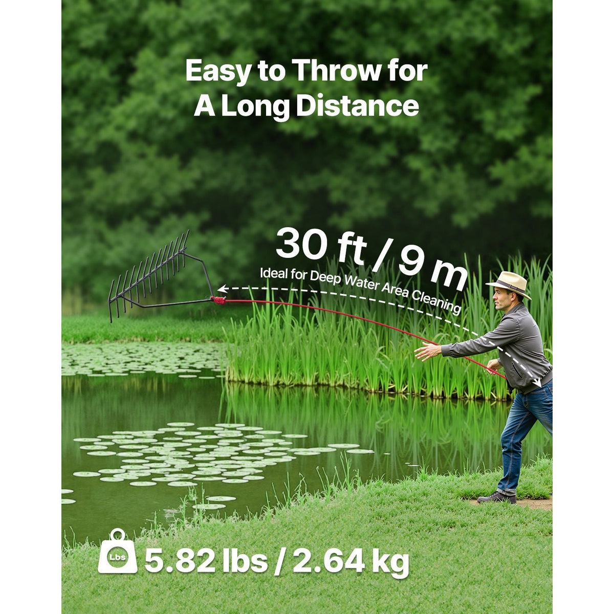 24 in Aquatic Weed Rake, 8.7 in Double Sided Lake Weed Rake, Pond Weeds Cutter with 30ft Rope, Tie Hole, No Assembly Required, Lightweight Muck Lilypad Clearing Tool for Pond, Lake, Rivulet
