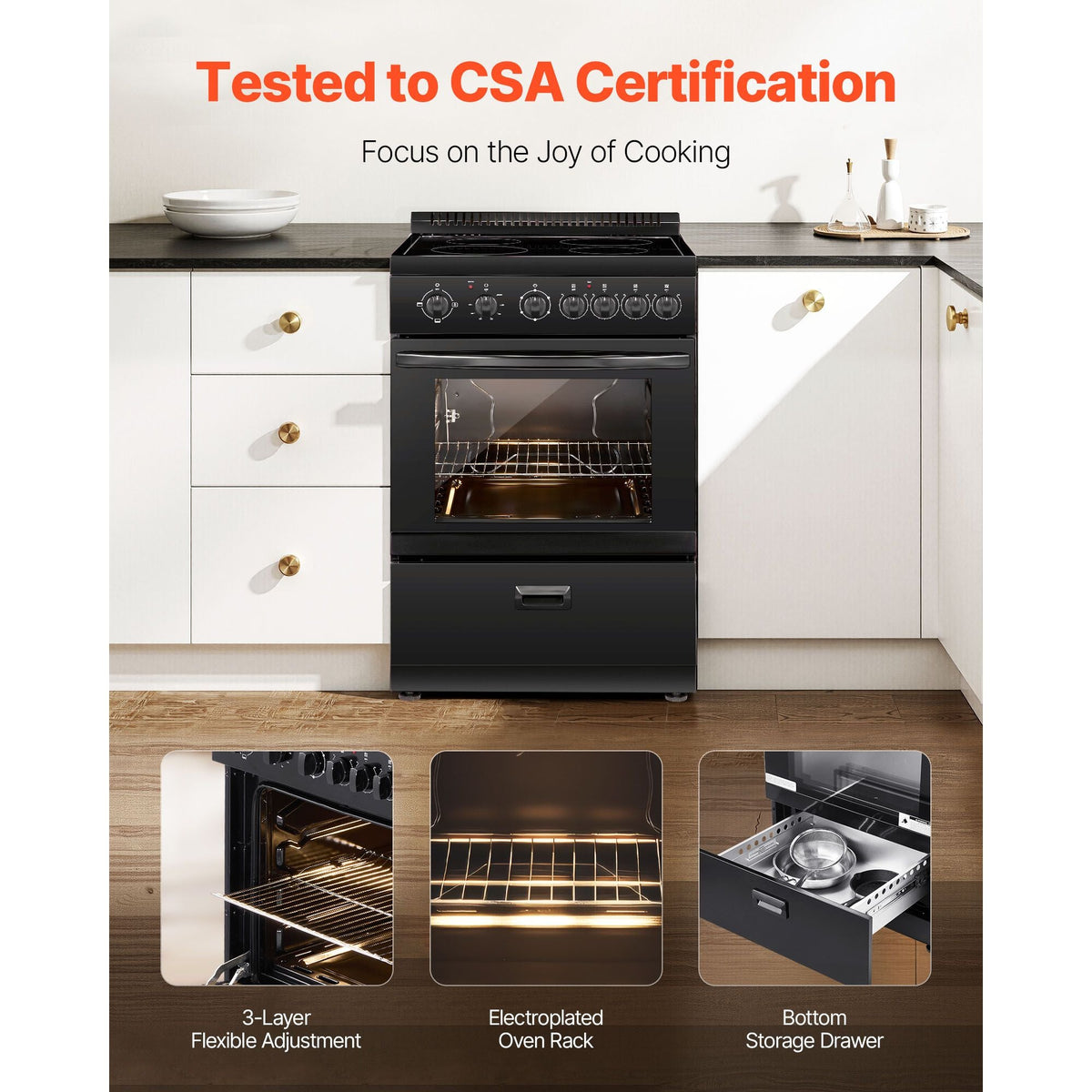 24 in Electric Range Oven, 2.7 Cu. Ft. Capacity Compact Freestanding Oven, Stainless Steel Kitchen Stove with 4 Burners, Easy Reach Rack, Storage Drawer, Drip Pan, Indicator Light(No Power Cord)