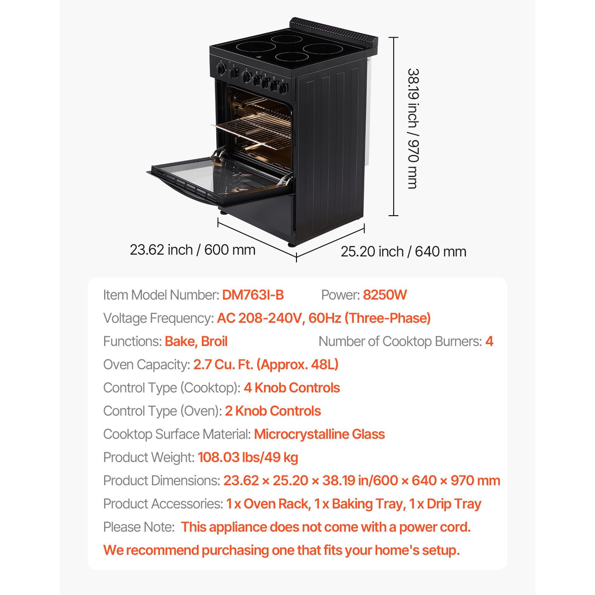 24 in Electric Range Oven, 2.7 Cu. Ft. Capacity Compact Freestanding Oven, Stainless Steel Kitchen Stove with 4 Burners, Easy Reach Rack, Storage Drawer, Drip Pan, Indicator Light(No Power Cord)