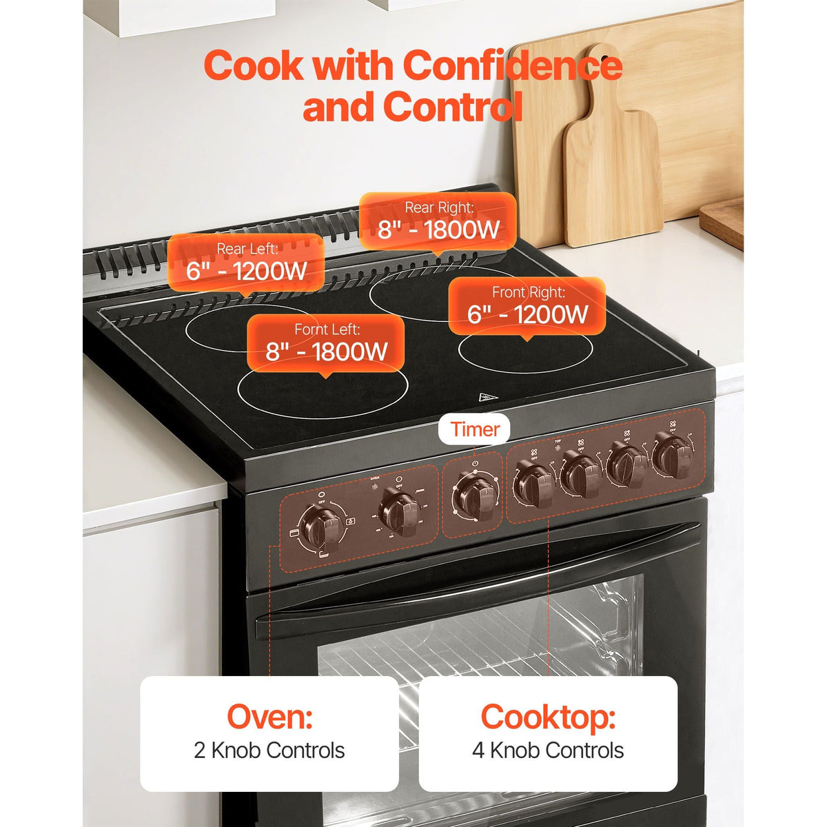 24 in Electric Range Oven, 2.7 Cu. Ft. Capacity Compact Freestanding Oven, Stainless Steel Kitchen Stove with 4 Burners, Easy Reach Rack, Storage Drawer, Drip Pan, Indicator Light(No Power Cord)