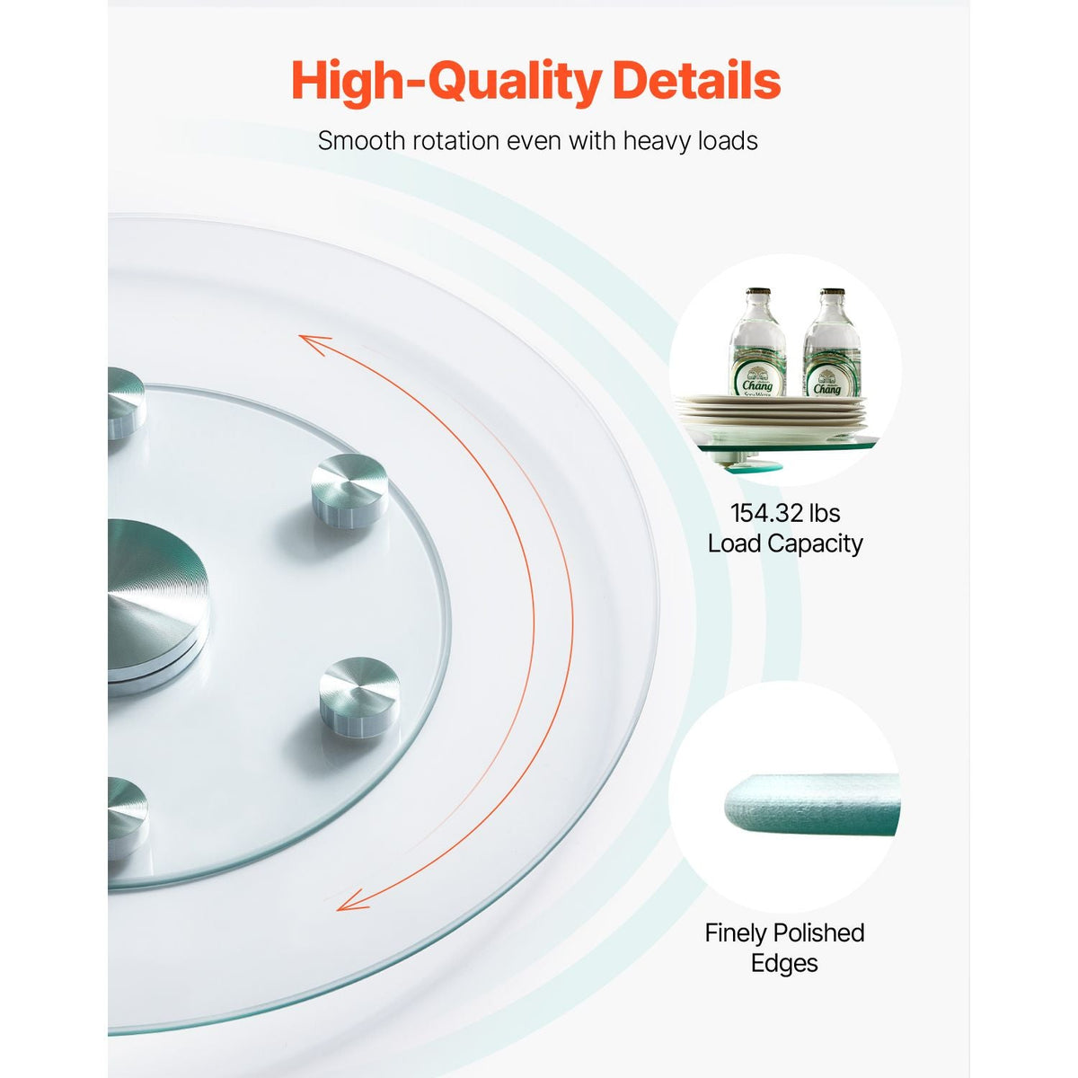 24 in Glass Lazy Susan Turntable, Tempered Glass Dining Table Centerpiece with 6 Rotating Wheels, 360° Smooth and Silent Spin Tabletop Rotating Tray, for Family Gatherings, Banquets & Weddings